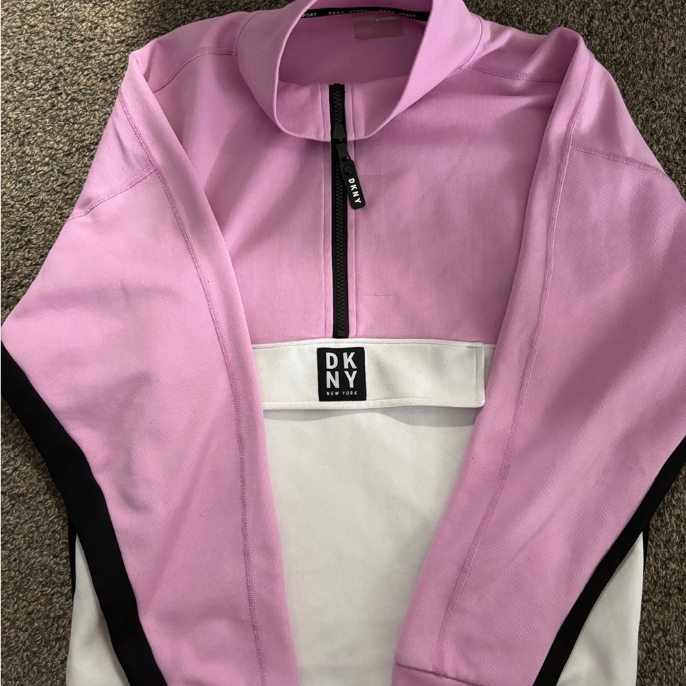 DKNY Pink and White Quarter-Zip Sweatshirt